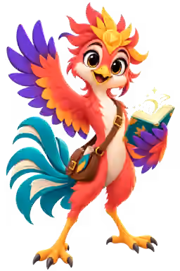 Pip the Risebird, waving while holding a glowing book