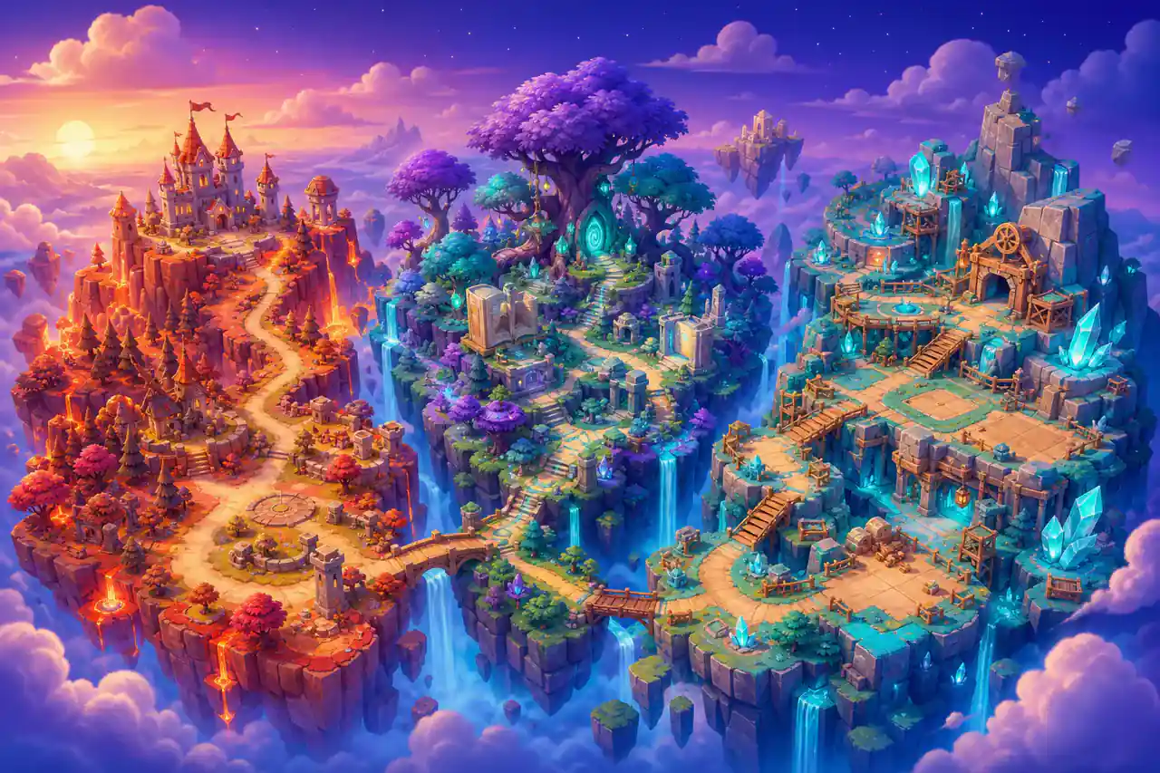 Colorful Play Learn Rise realms connected by adventure paths